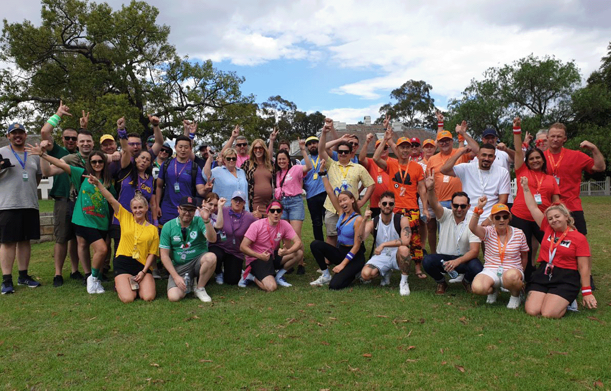 Group of employees enjoying a fun outdoor team building activity