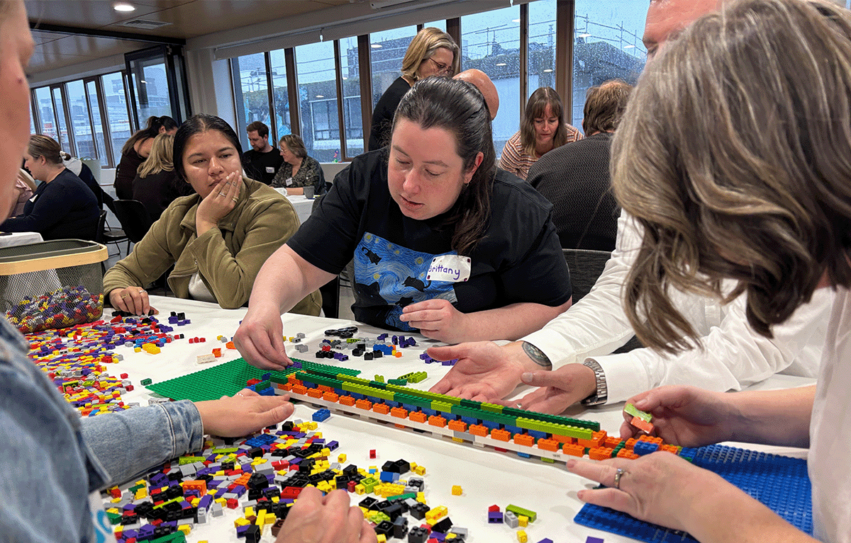 Participants enjoying a fun indoor Brick Masters team building event in Wellington, New Zealand